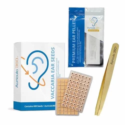 Auriculo 360 ear seeds, pellets, and tweezers.
